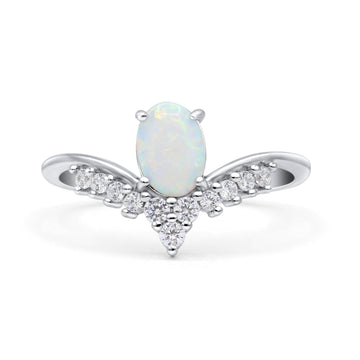 V Midi Chevron Oval Thumb Ring Statement Fashion Ring Lab Created White Opal 925 Sterling Silver